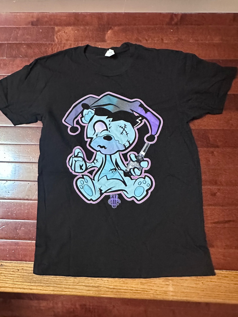 Black Graphic Tee with Blue & Purple Cartoon Print